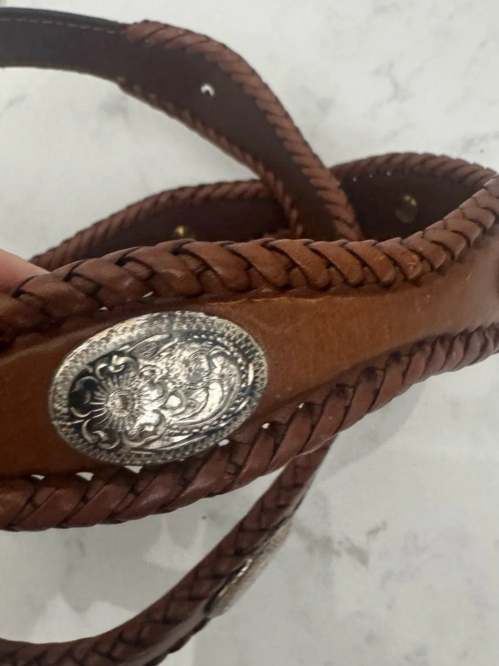 Tony Lama Braided Brown Leather Belt with Silver Conchos 34”